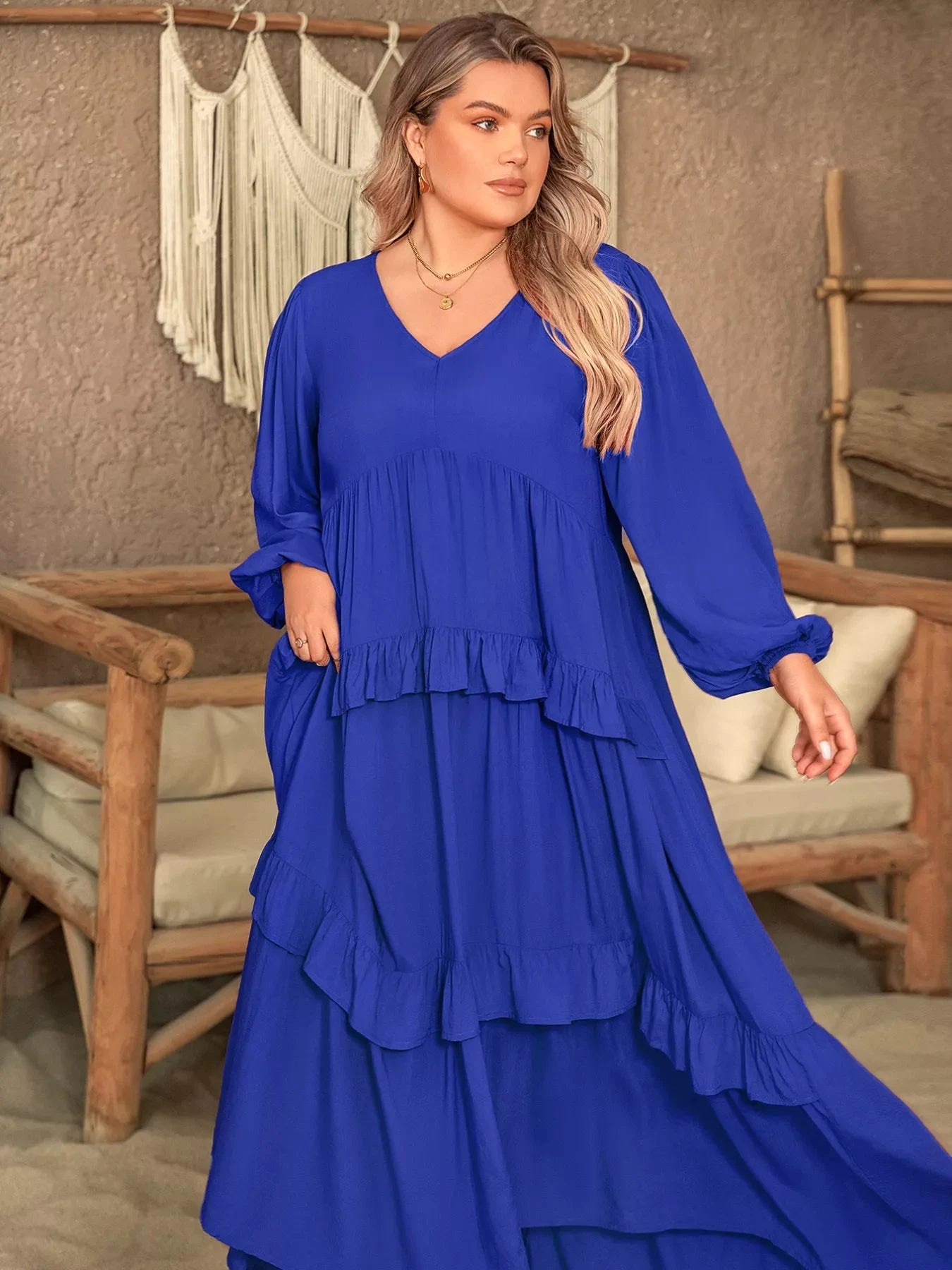 Plus Size Balloon Sleeve Ruffle Tiered Flowy Dress by Trendsi