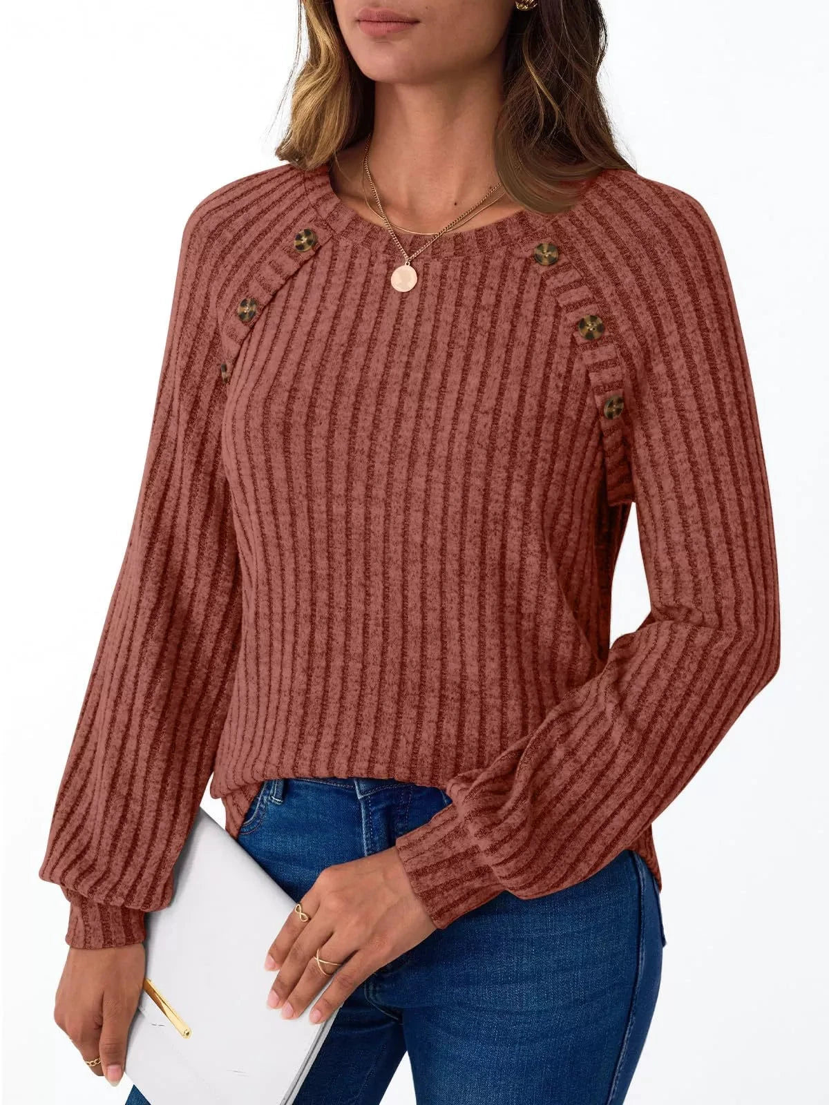 Ribbed Knit Decor Button Long Sleeve T-Shirt by Trendsi