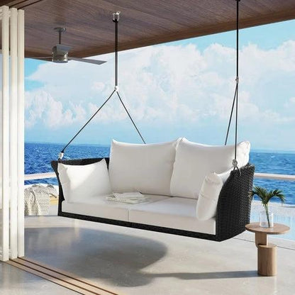 Hanging Rattan Porch Swing for 2 (Black Wicker + White by Jeansdenim.store