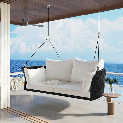 Hanging Rattan Porch Swing for 2 (Black Wicker + White by Jeansdenim.store
