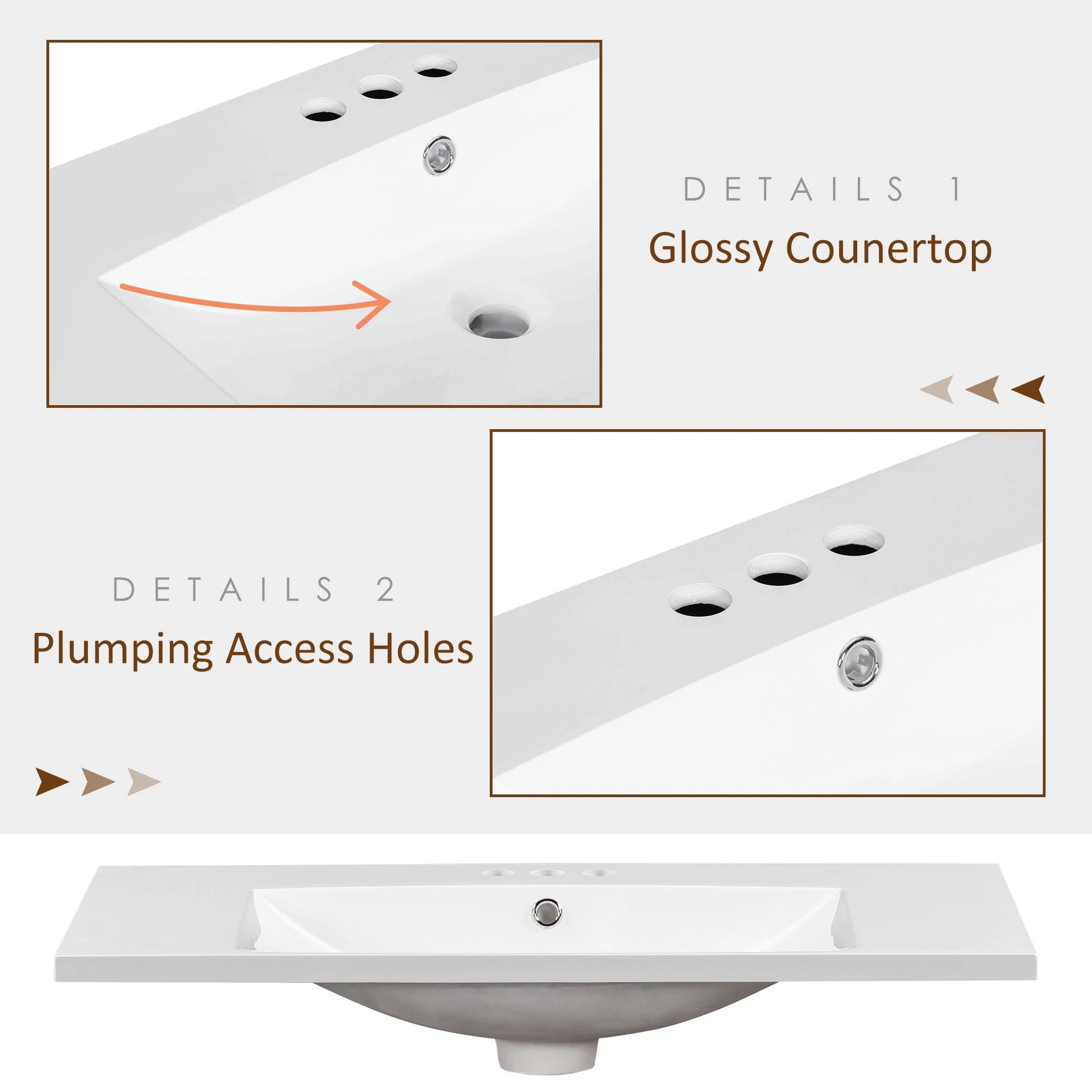 36" Single Bathroom Basin Sink, Vanity Top Only, 3-Faucet Holes, Resin by eprolo