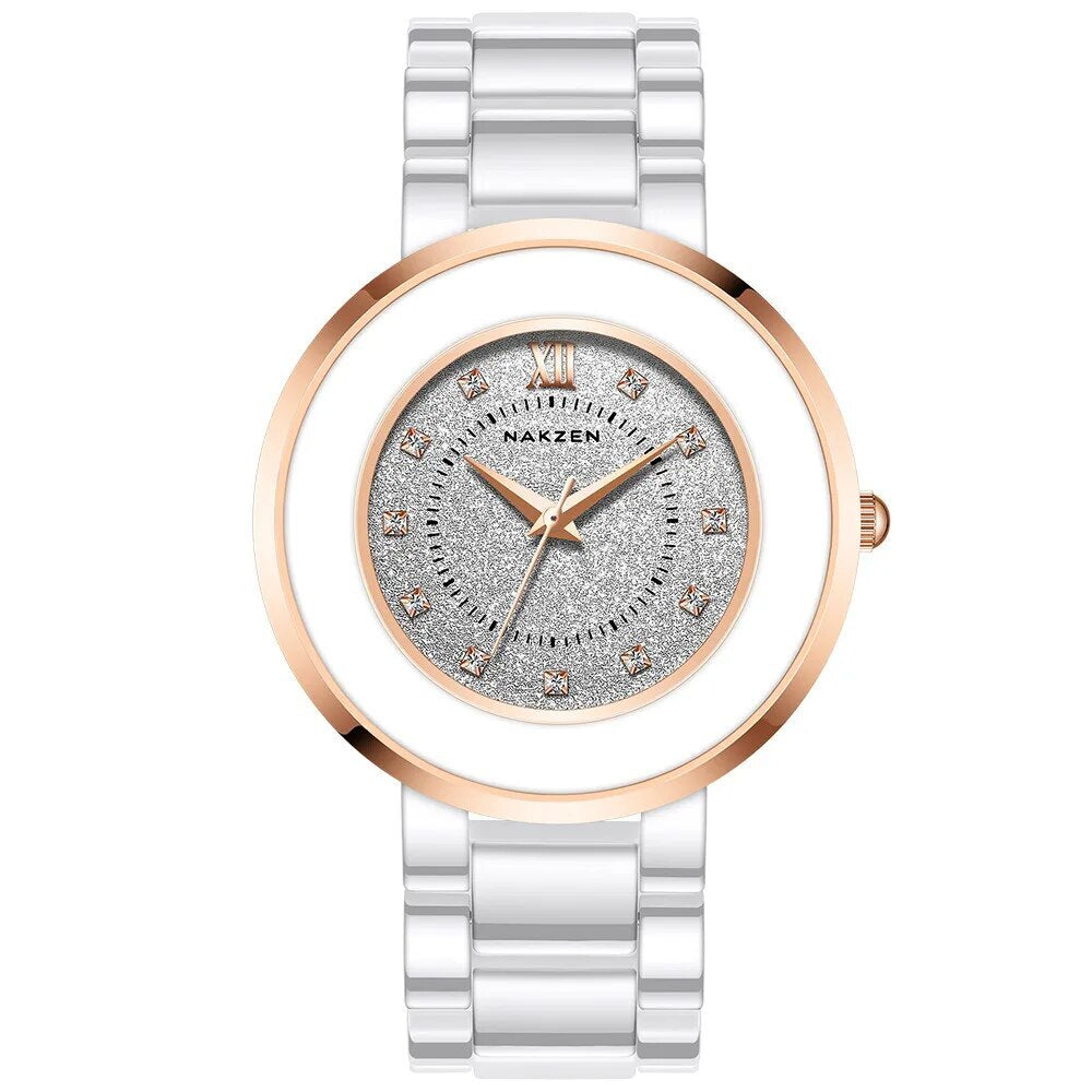 NAKZEN Women's Quartz Watch 30M Waterproof Fashion Ceramic Analogue Dress Diamond Realogio Feminino