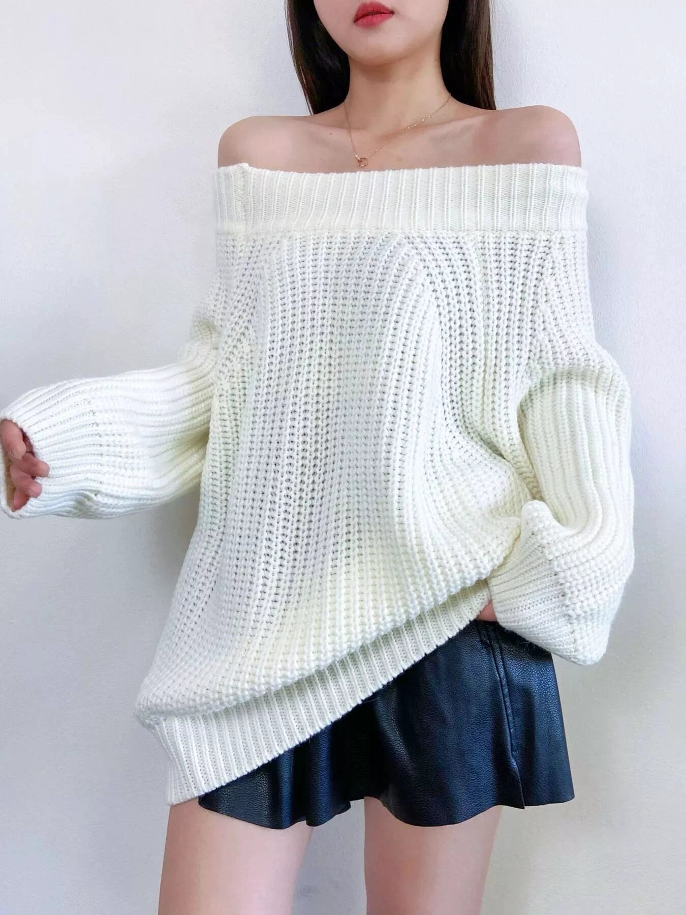 Off-Shoulder Chunky Knit Sweater by Trendsi