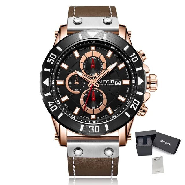 Waterproof Men's Quartz Chronograph Leather Watch with Luminous Calendar 48mm Analog Military Style