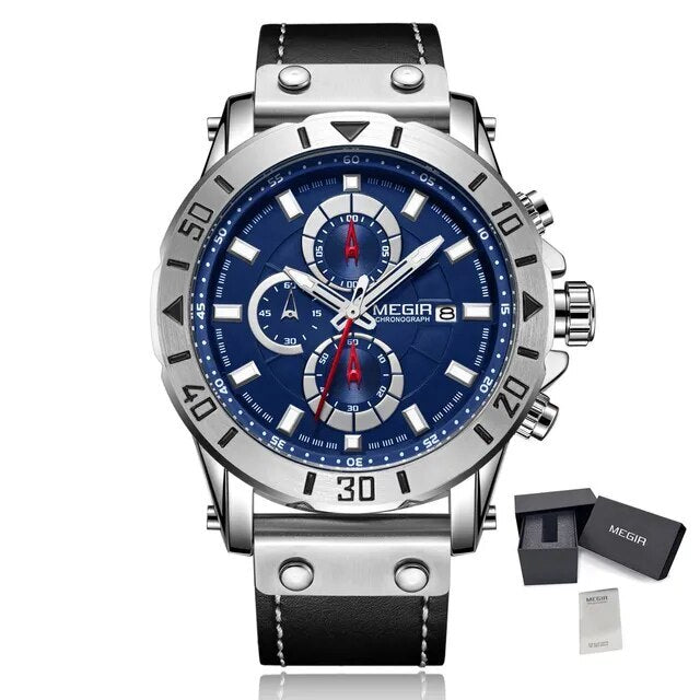 Waterproof Men's Quartz Chronograph Leather Watch with Luminous Calendar 48mm Analog Military Style