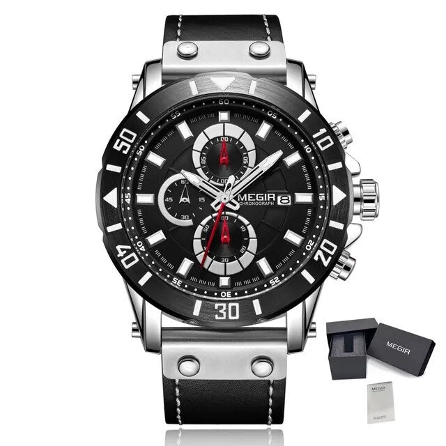 Waterproof Men's Quartz Chronograph Leather Watch with Luminous Calendar 48mm Analog Military Style