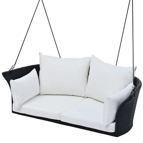 Hanging Rattan Porch Swing for 2 (Black Wicker + White by Jeansdenim.store