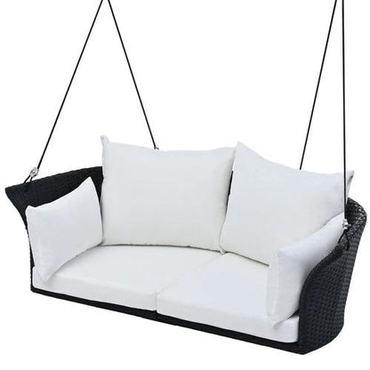 Hanging Rattan Porch Swing for 2 (Black Wicker + White by Jeansdenim.store