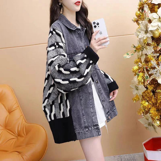 Chic Denim Patchwork Knit Cardigan for Women, Loose Thickened Knitted Casual Style Outerwear by eprolo