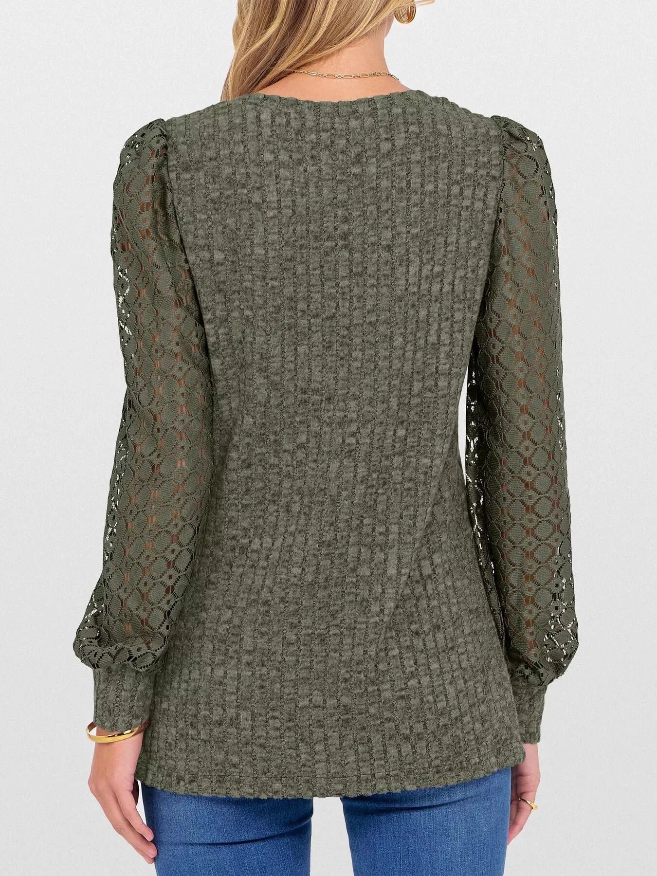 Lace Sleeve V-Neck T-Shirt by Trendsi