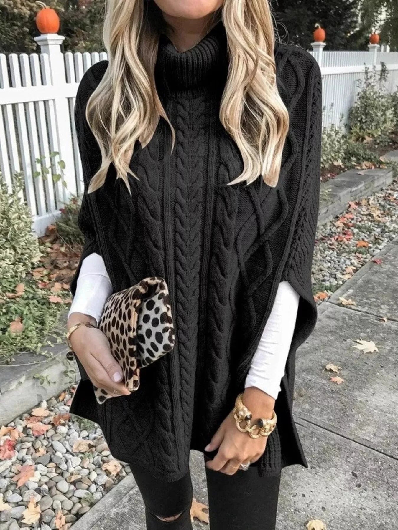 Chunky Cable Knit Turtleneck Poncho Cover Up by Trendsi