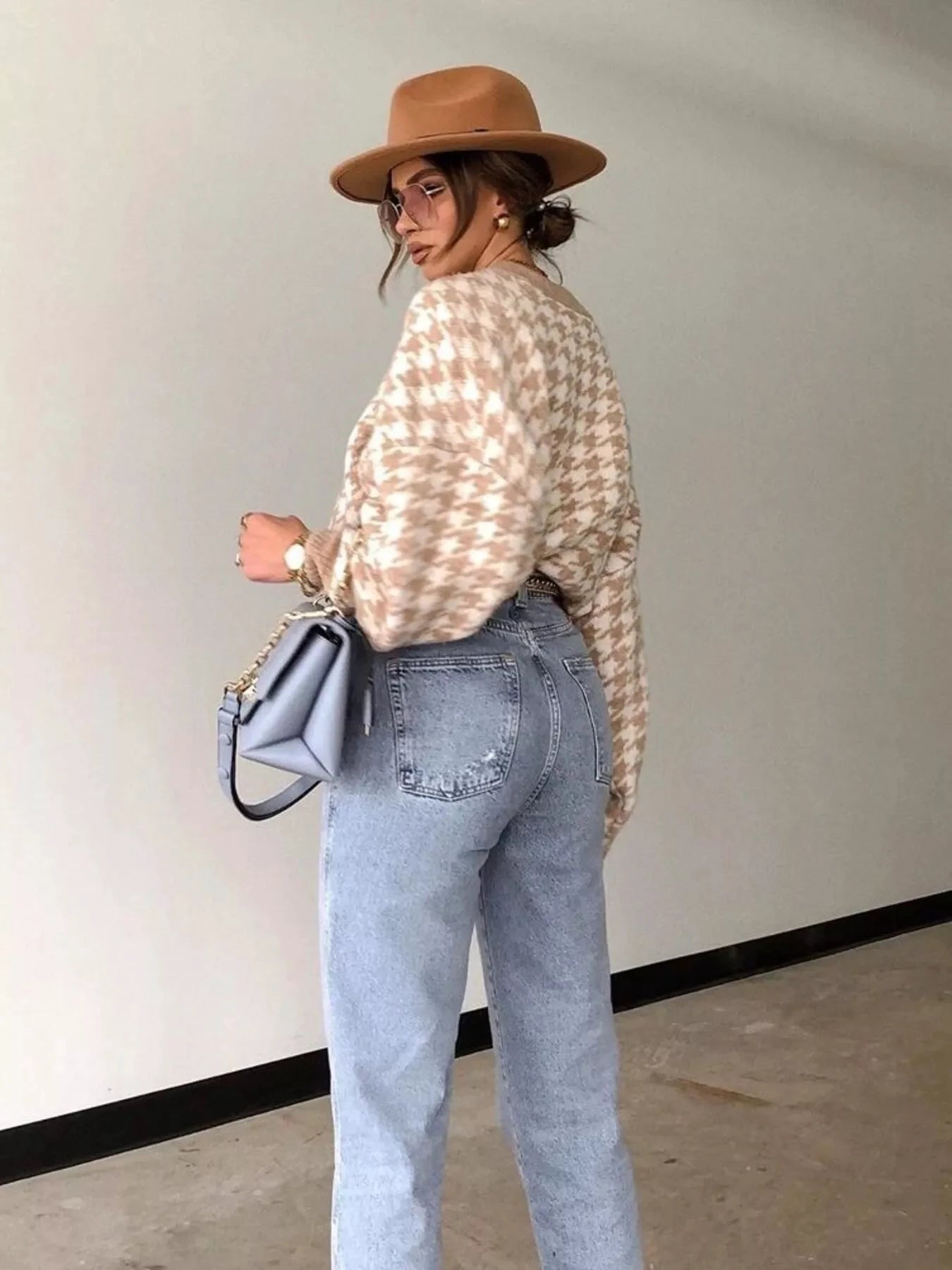 Full Size Houndstooth Pattern Oversized Sweater Plus Size by Trendsi