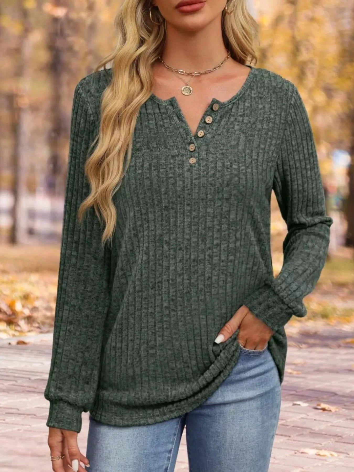 Ribbed Knit Button-Front Long Sleeve T-Shirt by Trendsi