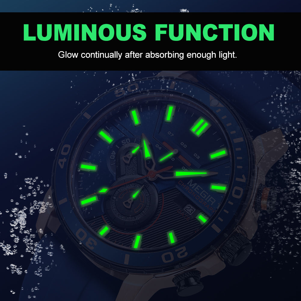 Luxury Men's Quartz Watch with Chronograph Function Water Resistant Silicone Band MEGIR Military Style Wristwatch
