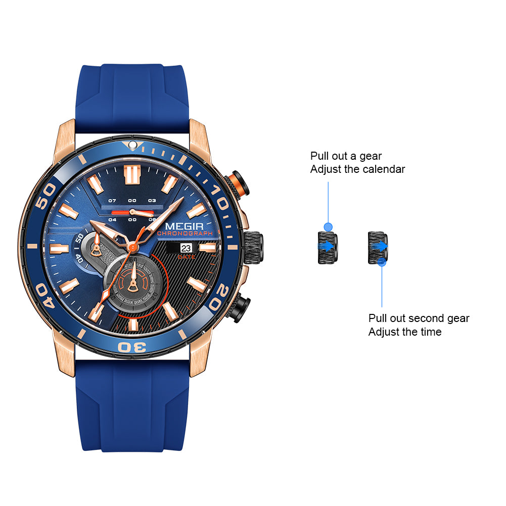 Luxury Men's Quartz Watch with Chronograph Function Water Resistant Silicone Band MEGIR Military Style Wristwatch