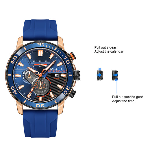 Luxury Men's Quartz Watch with Chronograph Function Water Resistant Silicone Band MEGIR Military Style Wristwatch