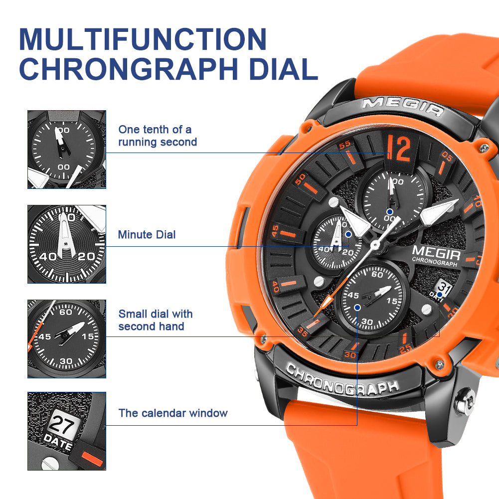 MEGIR Men's Quartz Chronograph Watch Waterproof Sports Dress Silicone Strap Reloj Hombre 2208 MEGIWAT