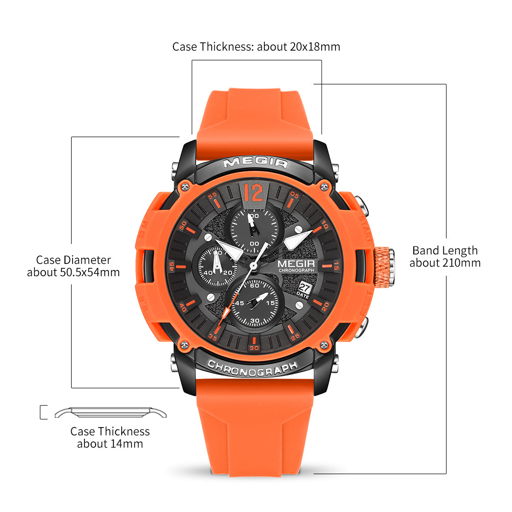 MEGIR Men's Quartz Chronograph Watch Waterproof Sports Dress Silicone Strap Reloj Hombre 2208 MEGIWAT