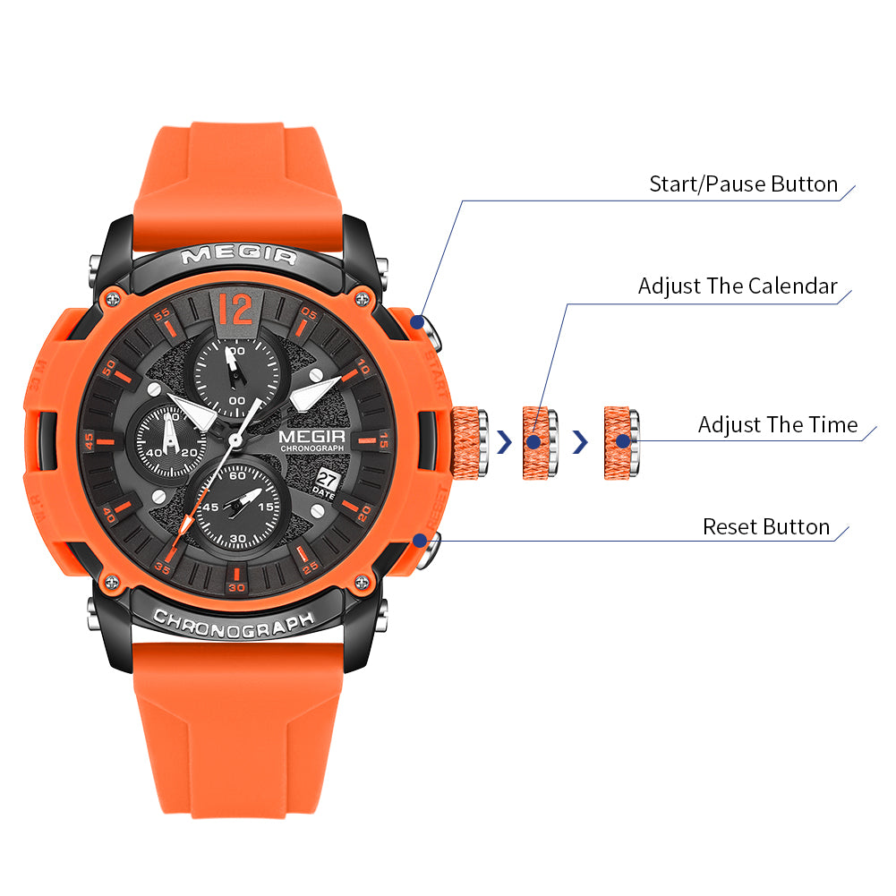 MEGIR Men's Quartz Chronograph Watch Waterproof Sports Dress Silicone Strap Reloj Hombre 2208 MEGIWAT