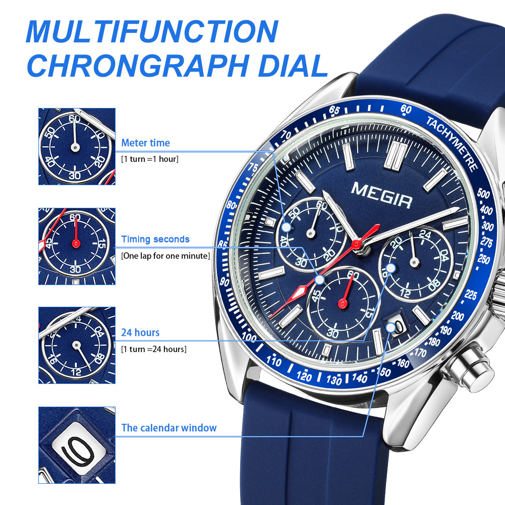 Montre chronographe à quartz analogique avec bracelet en silicone et calendrier