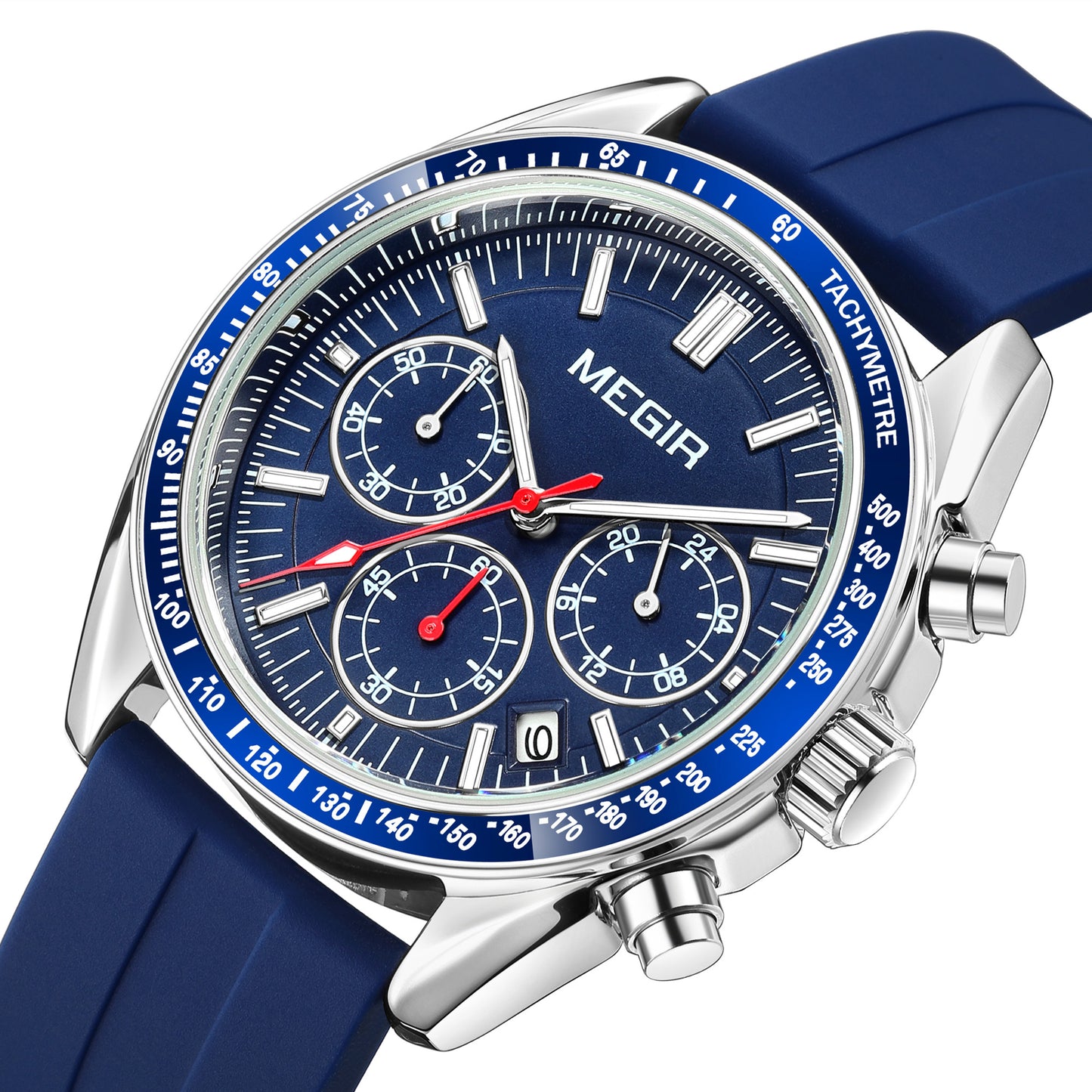 Montre chronographe à quartz analogique avec bracelet en silicone et calendrier