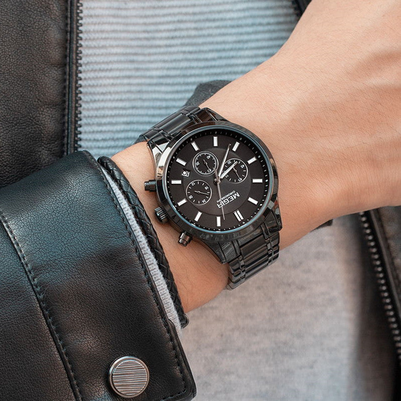 Montre homme étanche en acier inoxydable, chronographe lumineux à quartz, style business décontracté