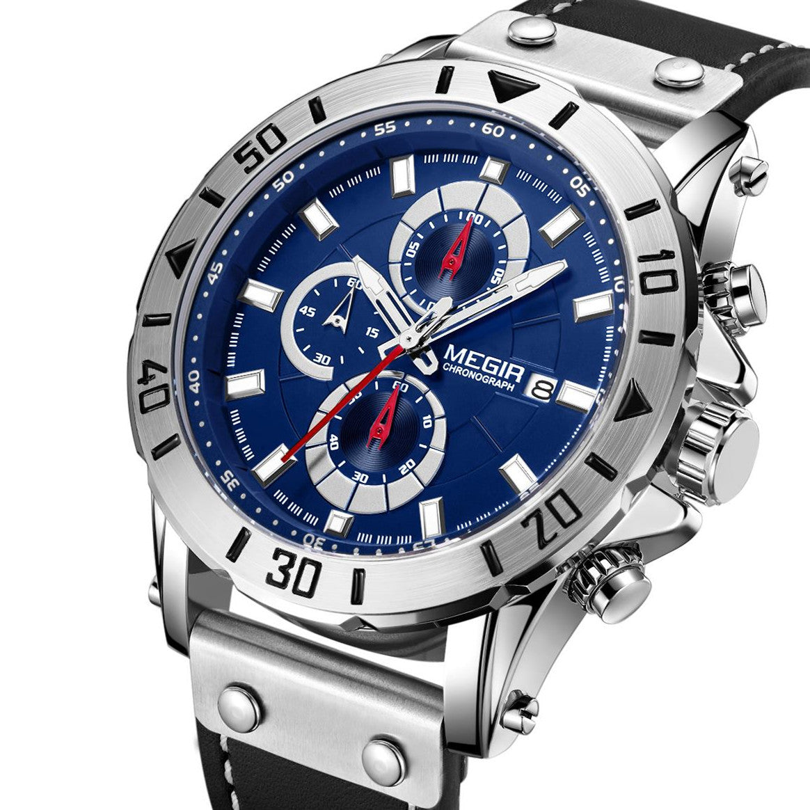 Waterproof Men's Quartz Chronograph Leather Watch with Luminous Calendar 48mm Analog Military Style