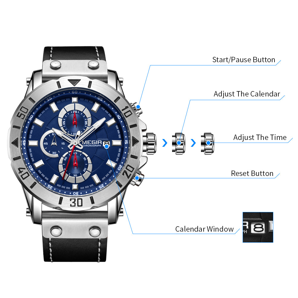 Waterproof Men's Quartz Chronograph Leather Watch with Luminous Calendar 48mm Analog Military Style