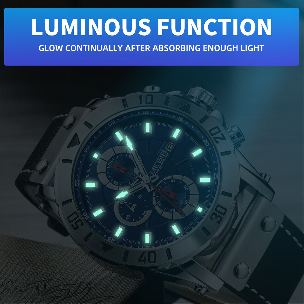 Waterproof Men's Quartz Chronograph Leather Watch with Luminous Calendar 48mm Analog Military Style