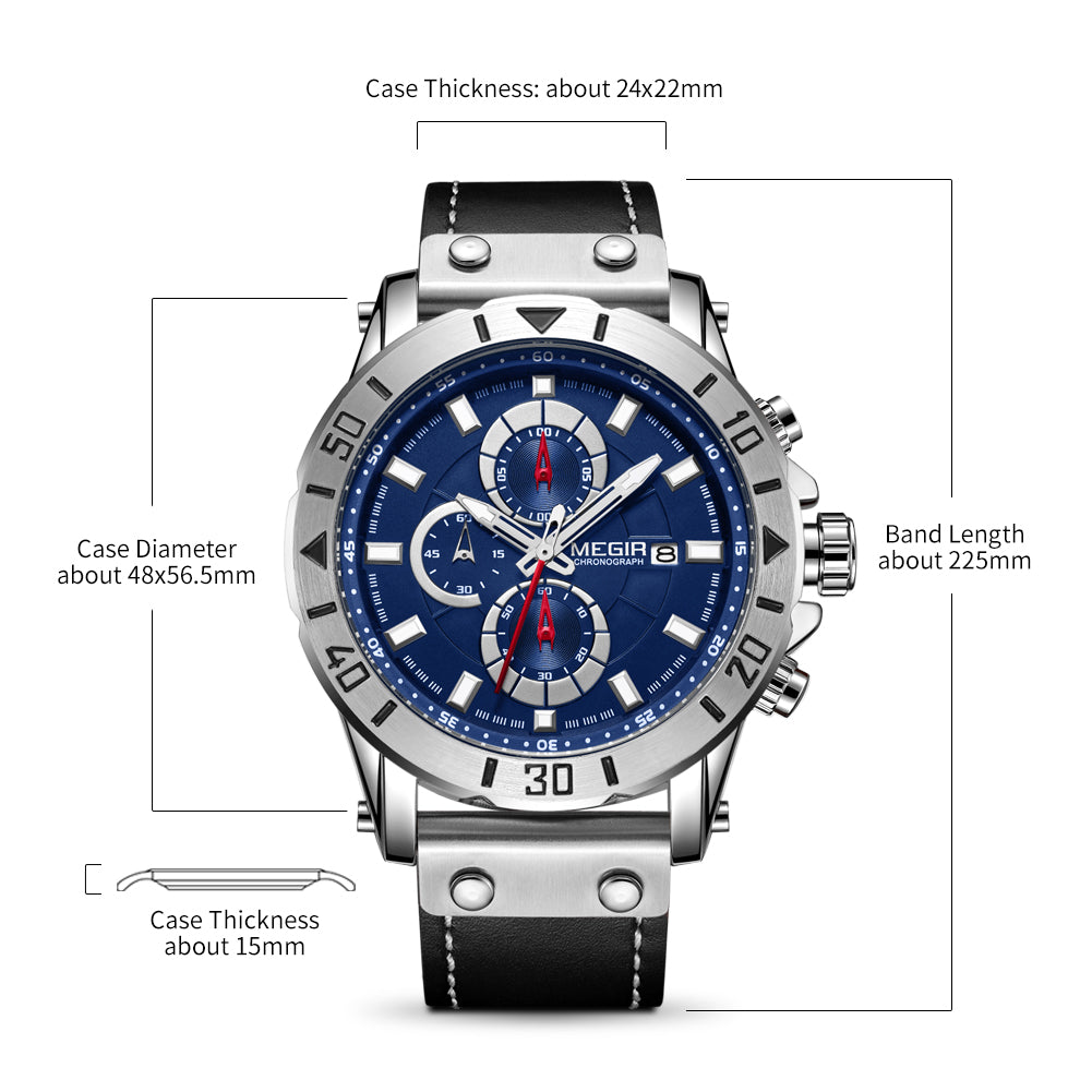 Waterproof Men's Quartz Chronograph Leather Watch with Luminous Calendar 48mm Analog Military Style