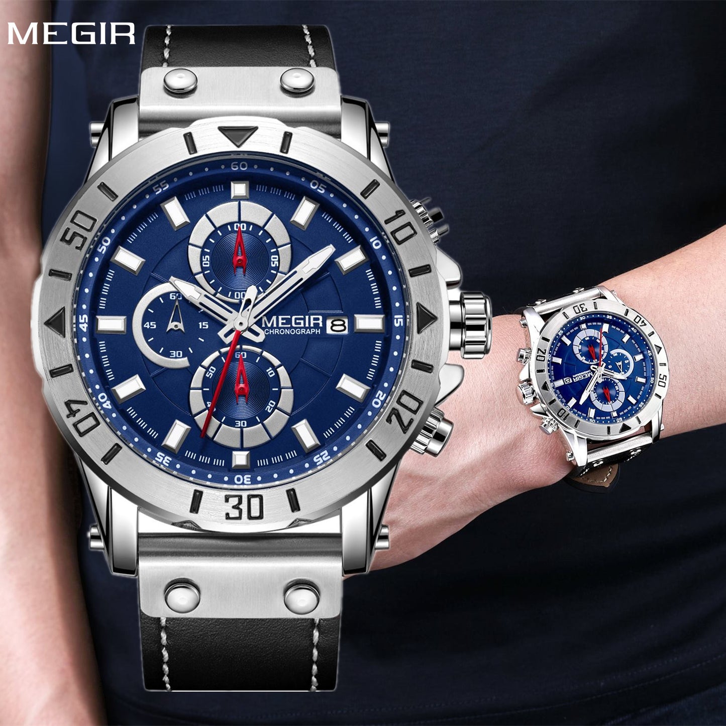 Waterproof Men's Quartz Chronograph Leather Watch with Luminous Calendar 48mm Analog Military Style