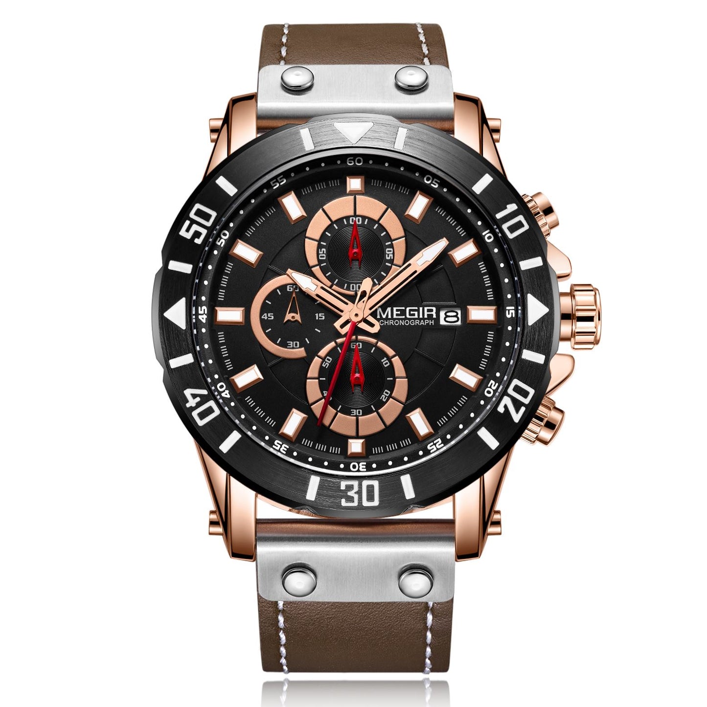 Waterproof Men's Quartz Chronograph Leather Watch with Luminous Calendar 48mm Analog Military Style