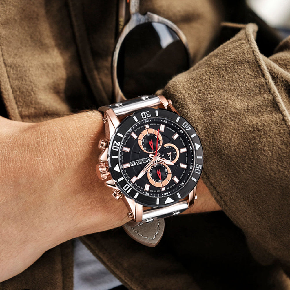 Waterproof Men's Quartz Chronograph Leather Watch with Luminous Calendar 48mm Analog Military Style