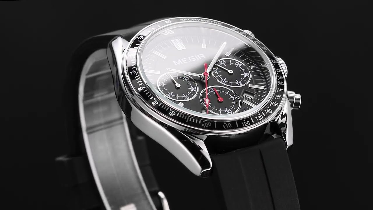 Montre chronographe à quartz analogique avec bracelet en silicone et calendrier