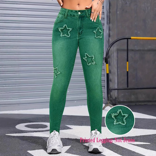 Womens Denim-Style Star Pants Bootcut Leggings by JeansDenim.Store