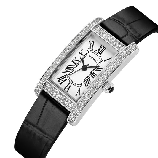 Montre-bracelet de luxe à quartz carrée pour femme RUIMAS, en cuir or rose.