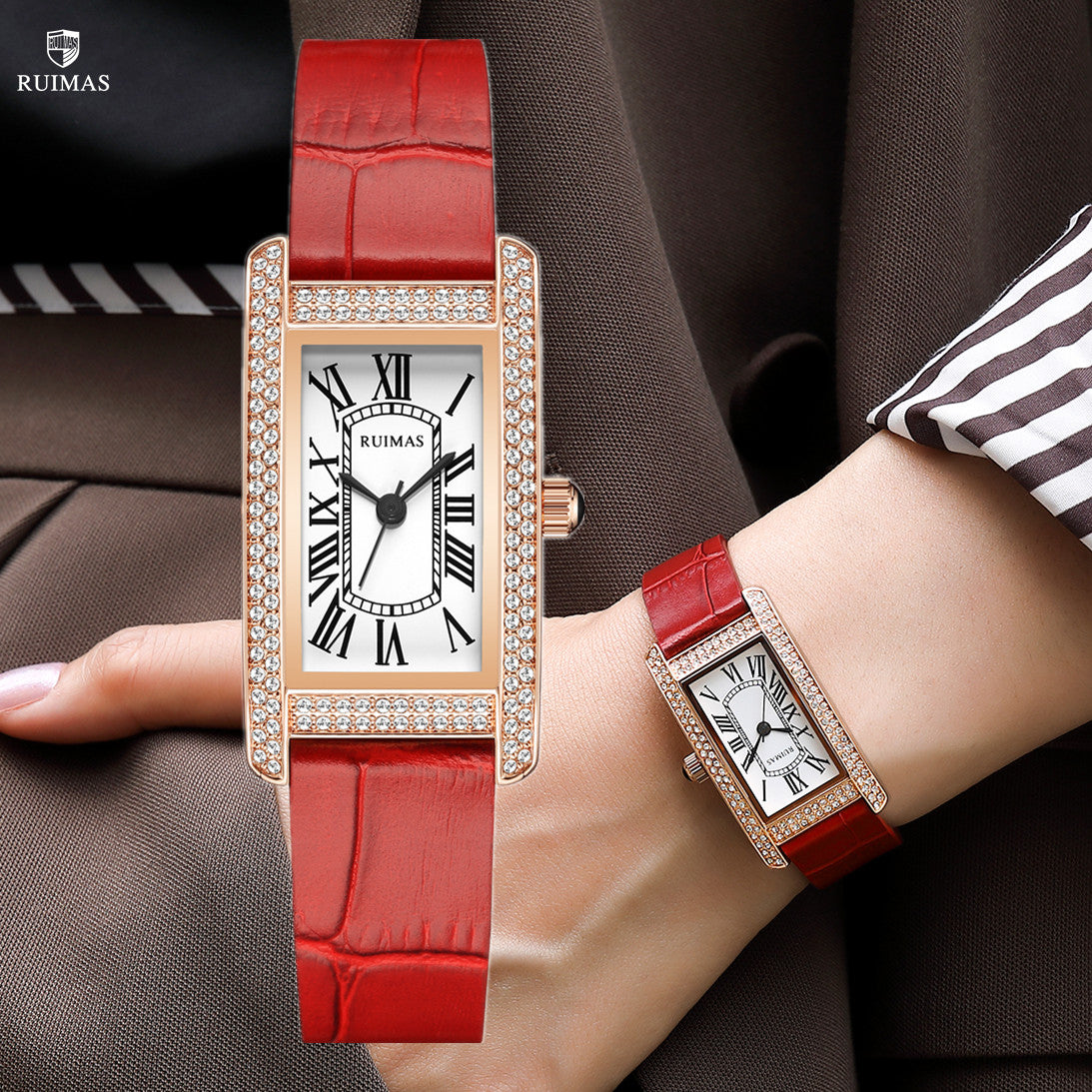 Montre-bracelet de luxe à quartz carrée pour femme RUIMAS, en cuir or rose.