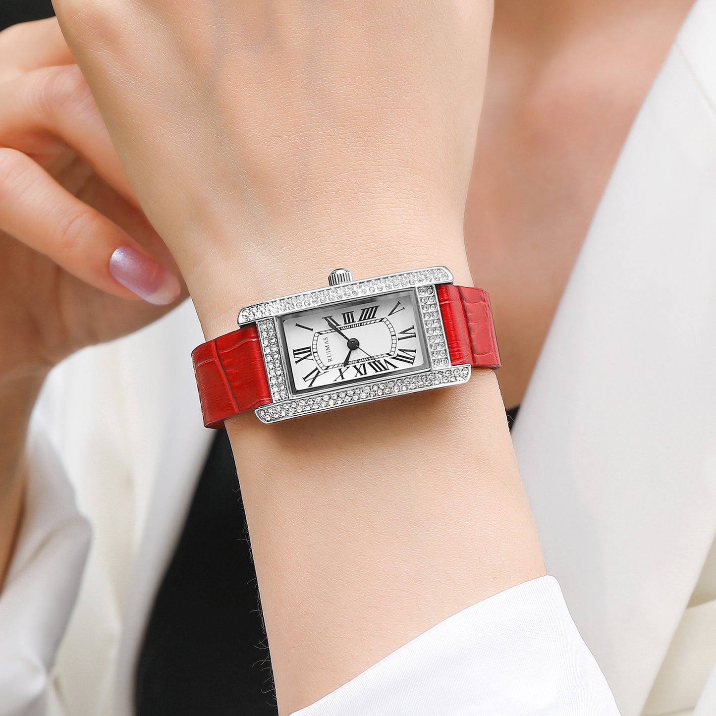 Montre-bracelet de luxe à quartz carrée pour femme RUIMAS, en cuir or rose.