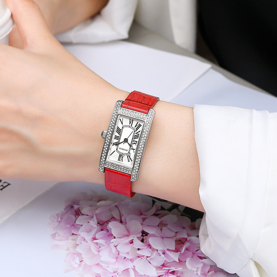 Montre-bracelet de luxe à quartz carrée pour femme RUIMAS, en cuir or rose.