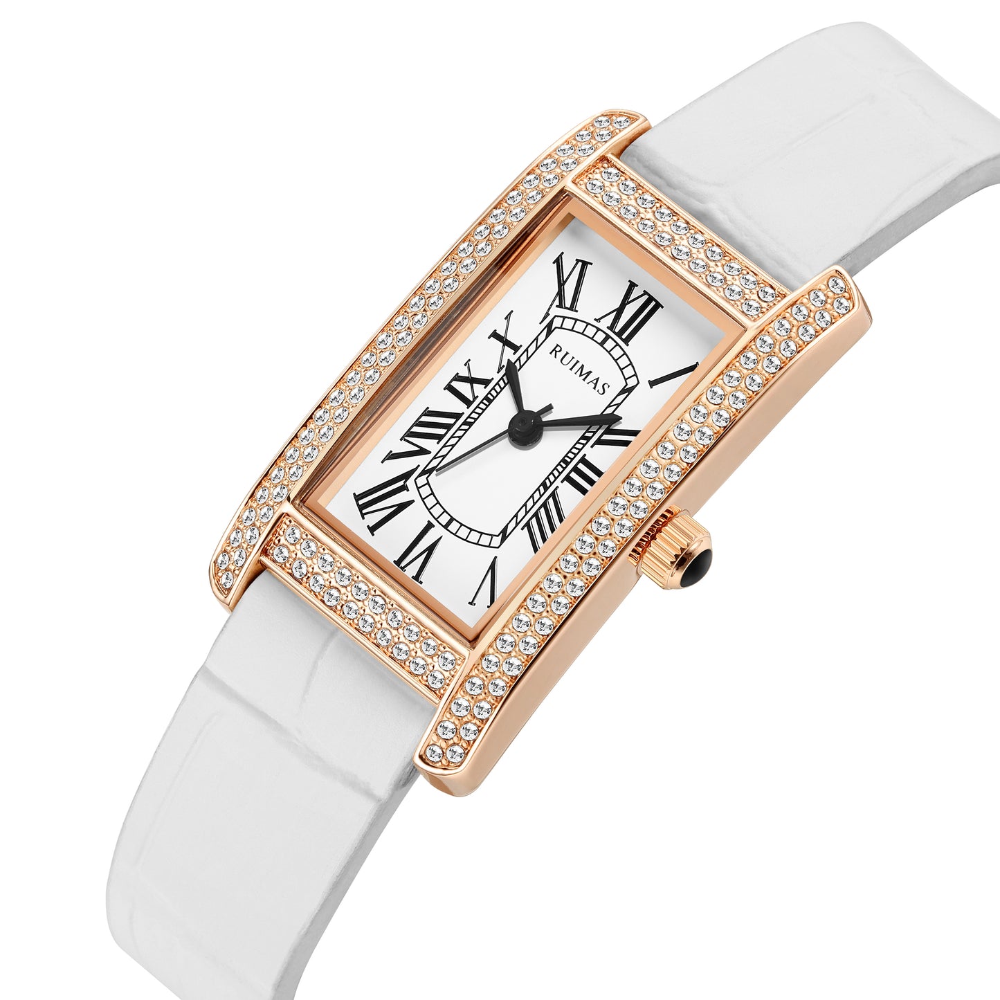 Montre-bracelet de luxe à quartz carrée pour femme RUIMAS, en cuir or rose.