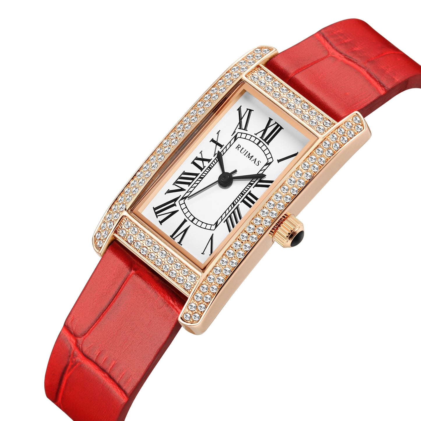 Montre-bracelet de luxe à quartz carrée pour femme RUIMAS, en cuir or rose.