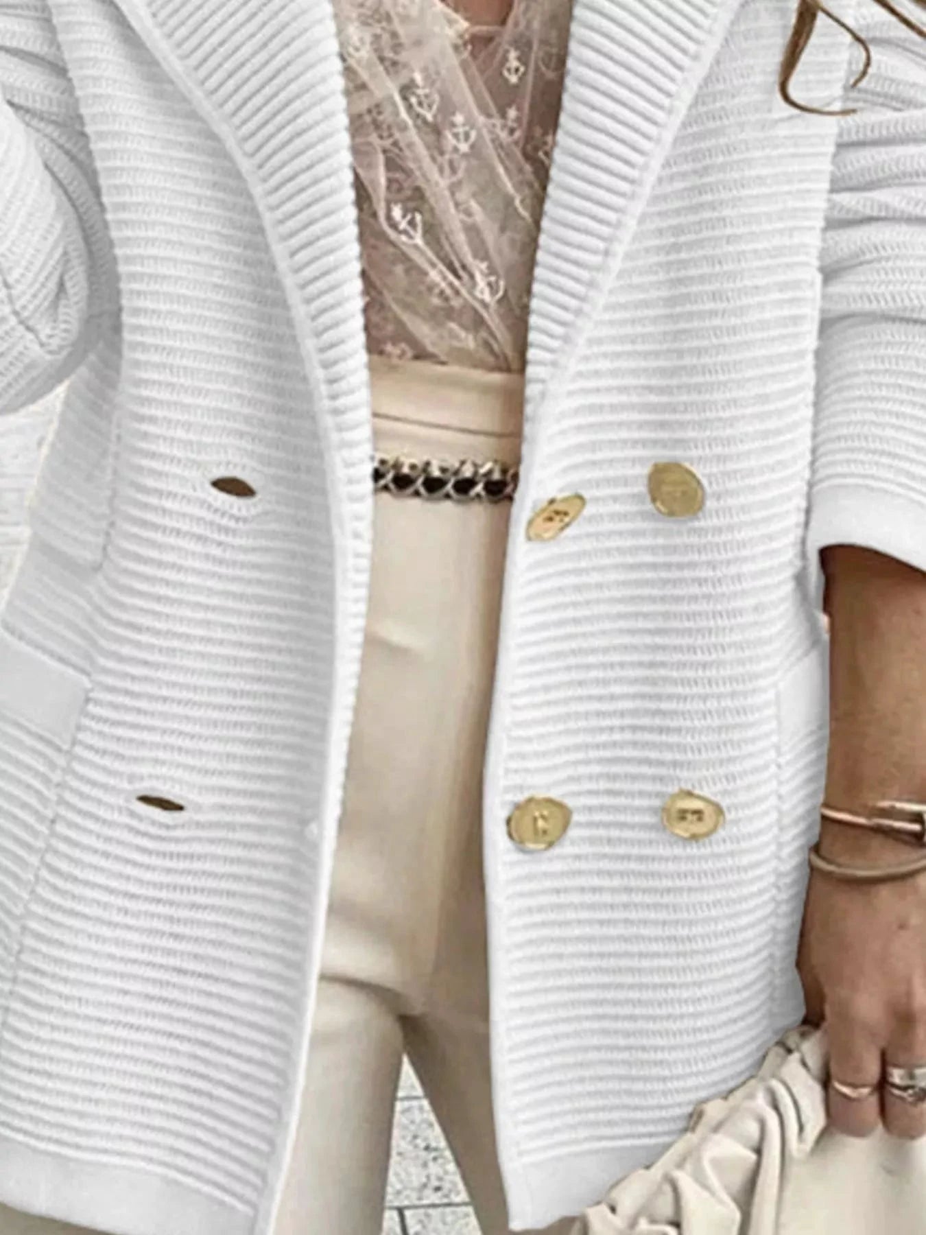 Texture Knit Double-Breasted Blazer by Trendsi