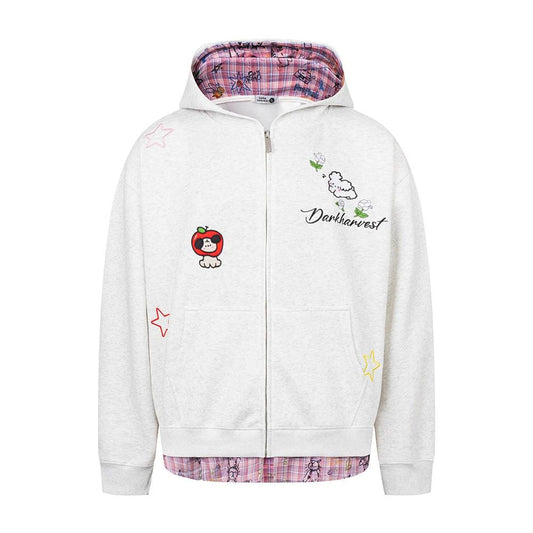 Fake two piece checkered patchwork hooded cardigan sweatshirt by eprolo