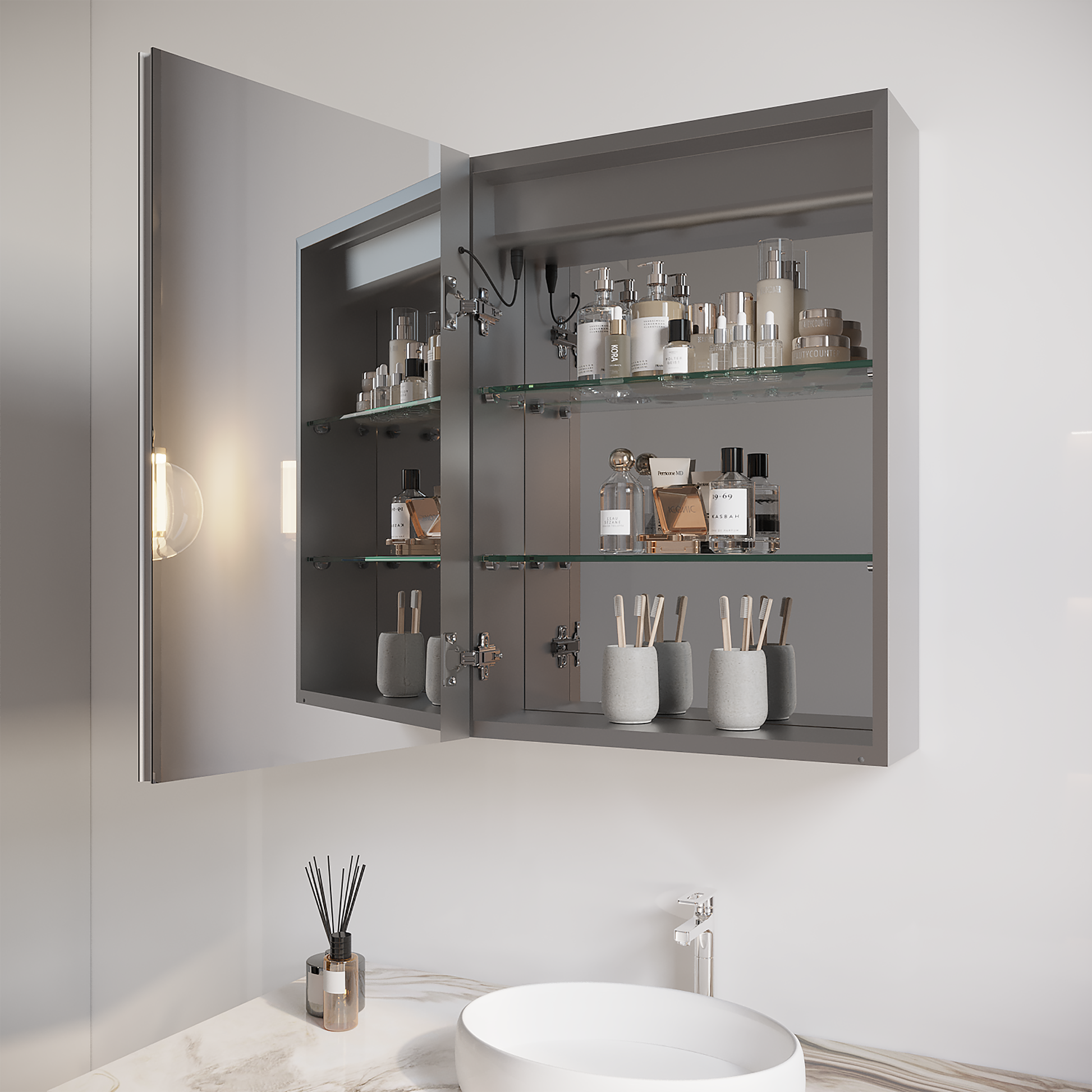 26x20 inch(Left Door) bathroom medicine cabinet with LED mirror 3000K~6000K single door lighting bathroom cabinet with touch switch adjusta by eprolo