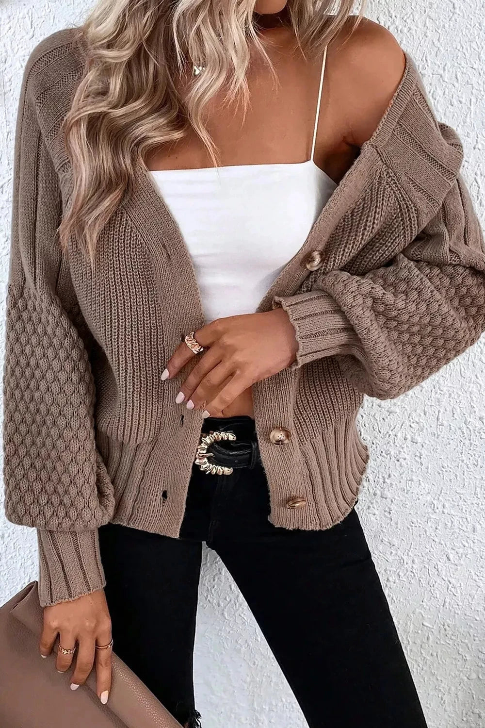 Mixed Texture Knit Button V Neck Sweater Cardigan by Trendsi