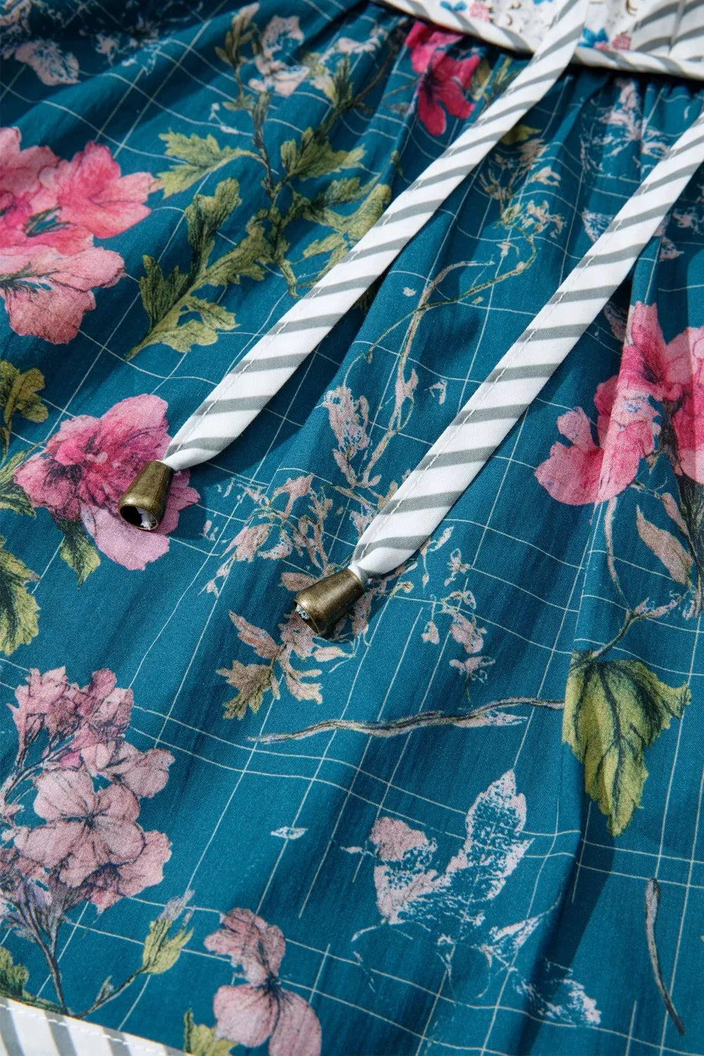 Floral Print Contrast Yoke Patchwork Striped Trim Long Puff Sleeve Blouse by Trendsi