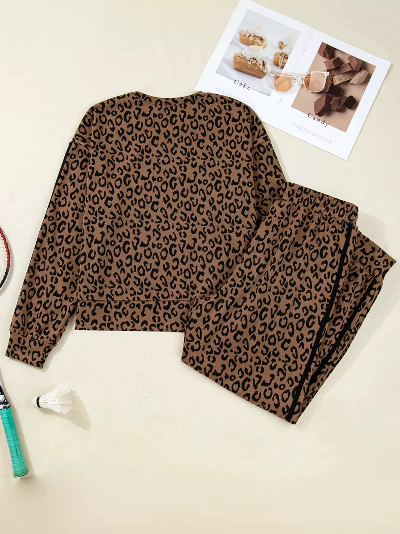 Striped Trim Leopard Long Sleeve Top Drawstring Pant Set by Trendsi