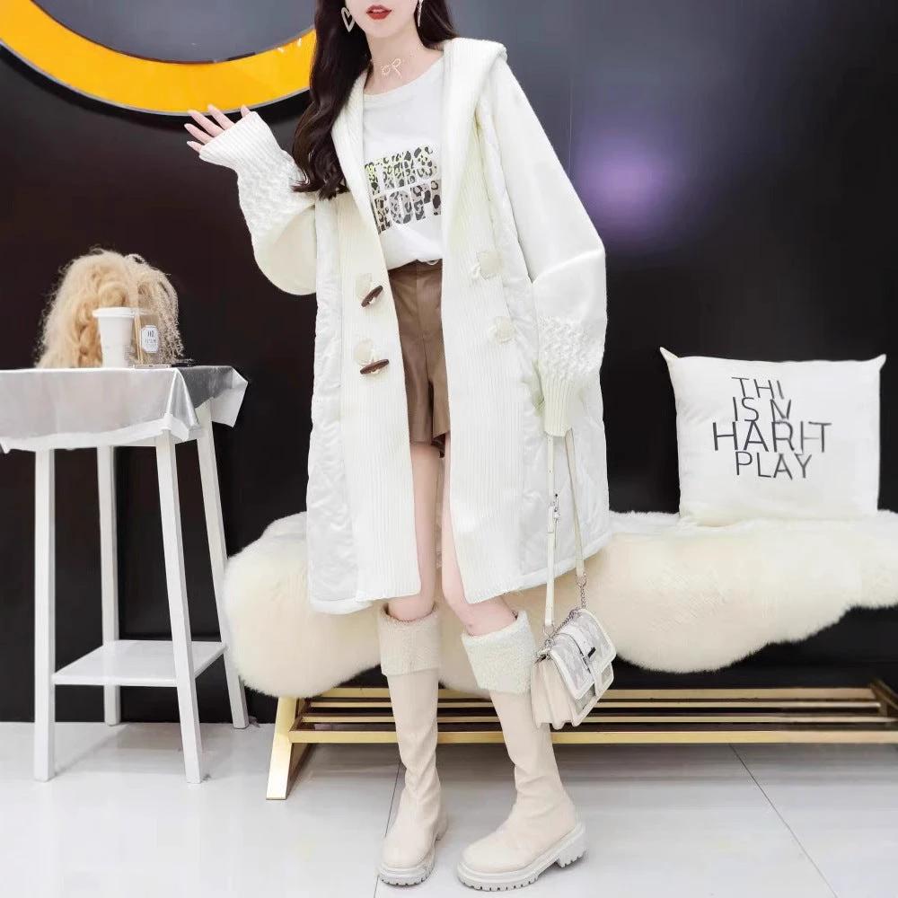 Plus Size Patchwork Hooded Women's Winter Toggle Button Loose Mid-Length Cotton Coat by eprolo