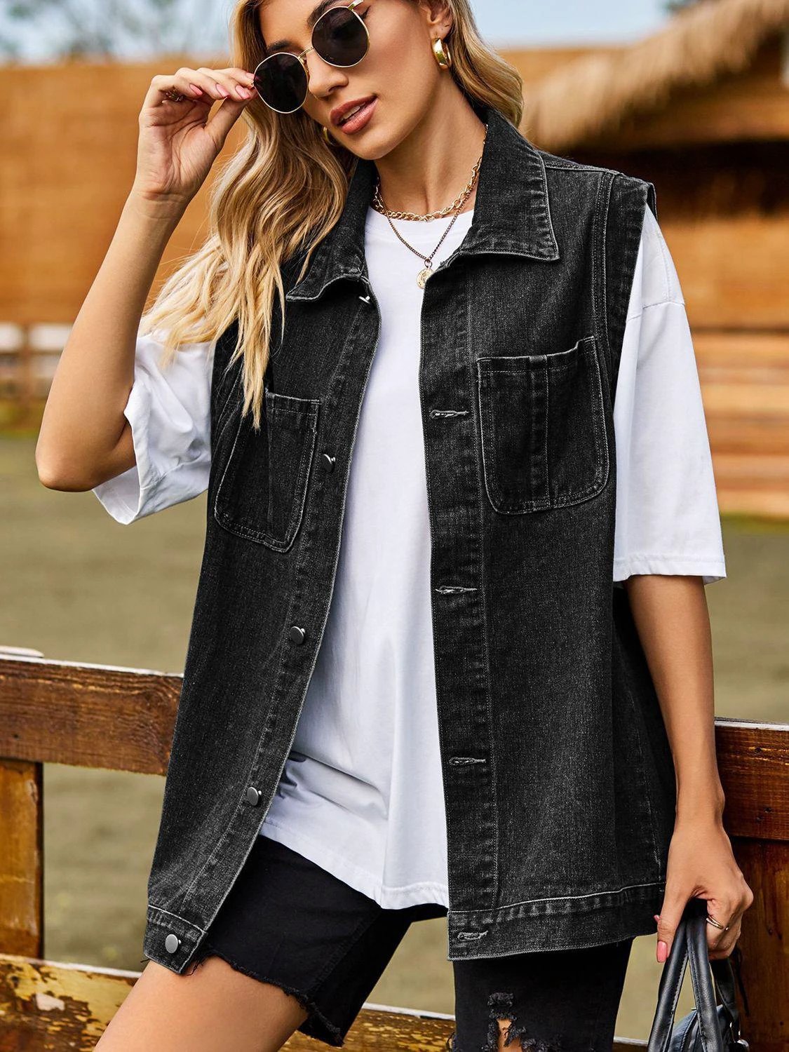 Button Down Denim Vest by Trendsi