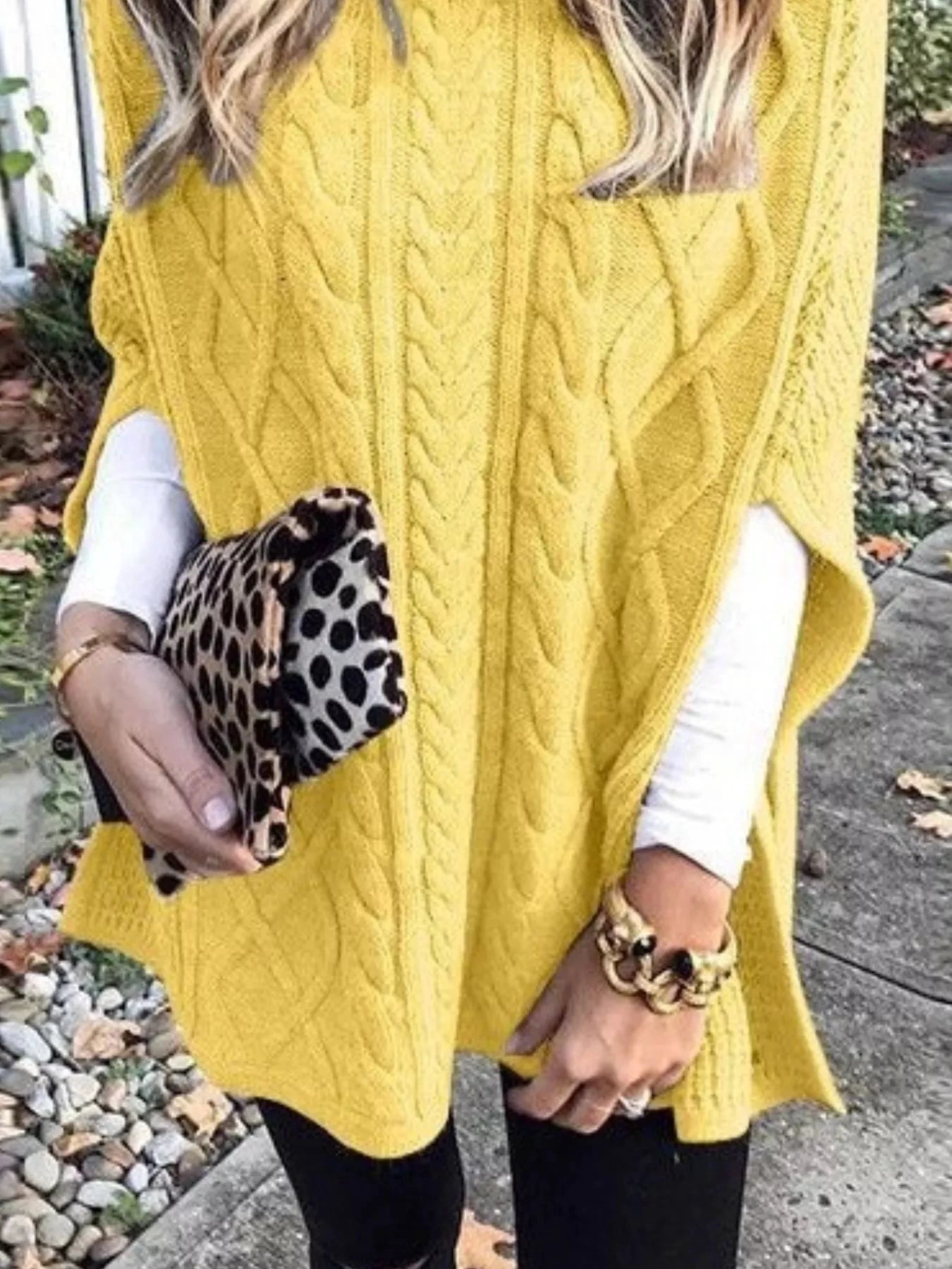 Chunky Cable Knit Turtleneck Poncho Cover Up by Trendsi